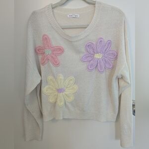 Newbury Kustom Cream Sweater with Pastel Floral Accents Cottagecore Size Small